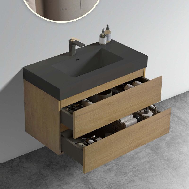 Grand meuble-lavabo de rangement mural moderne avec lavabo sans drain et robinet, Noir, Chêne naturel