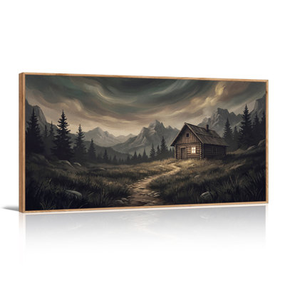 Cabane en bois rond avec fenêtre éclairée dans les montagnes - Toile murale d'Halloween