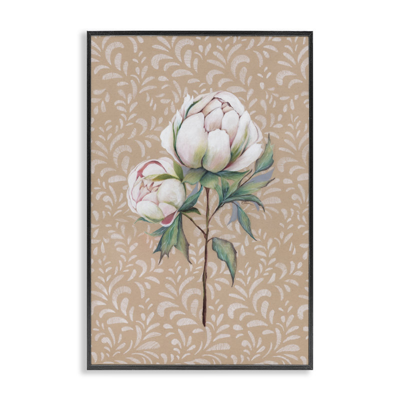 Motif de pivoines sur feuilles, estampe numérique, conception de Cady, H 18 po x l 12 po, Giclée encadrée noir minuit