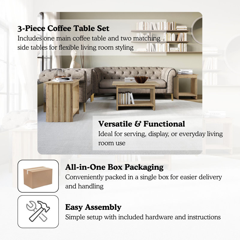 3-Piece Coffee and End Table Set with Angled Legs in Light Oak, Light Oak