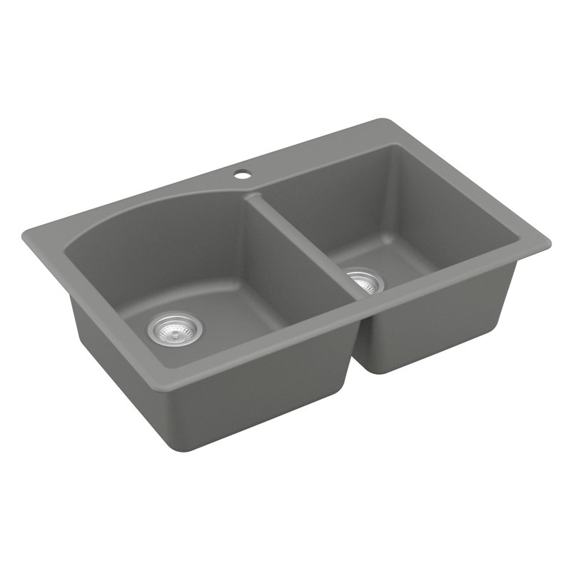 Karran Drop-in Quartz Composite 33'' X 22'' 1-Hole 60/40 Double Bowl Kitchen Sink, Gray