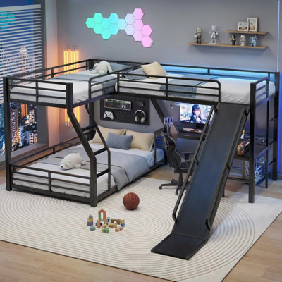 Twin Over Full L-Shaped Triple Bunk Bed with Slide and Desk, Heavy Duty Metal Frame with Guardrails and Built-in Ladder, Space-Saving 3 Bunked Beds for Dorm, Kids Young Teens, Black | Silent sleep support