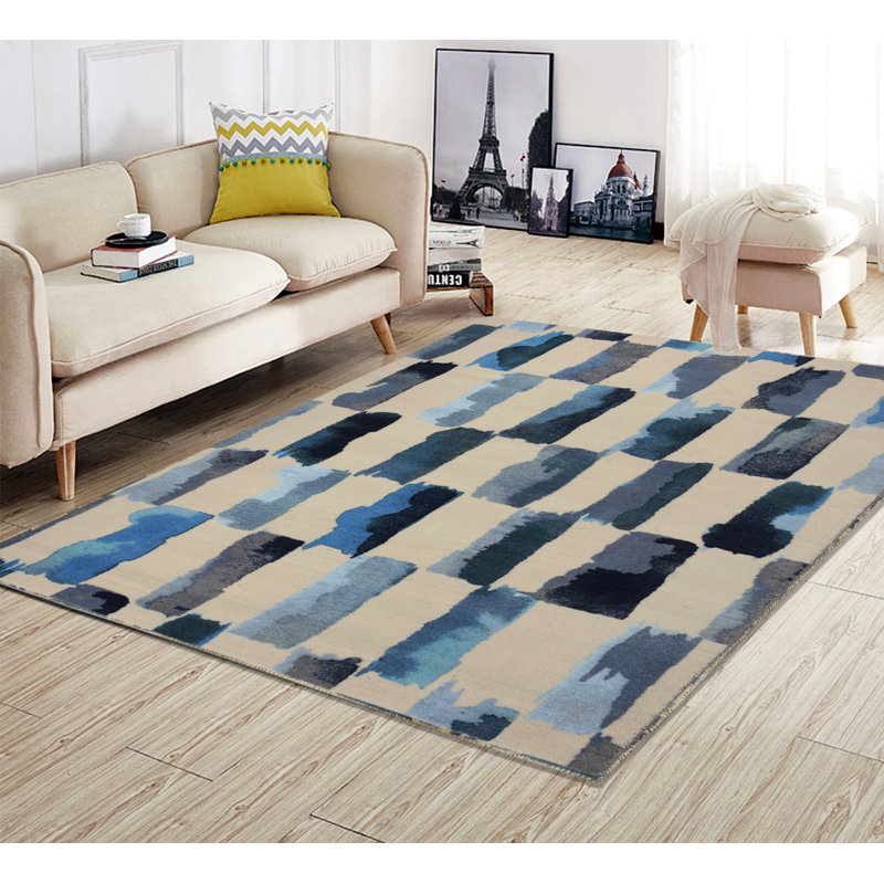 Tapis touffeté géométrique turquoise / gris, Rectangle 5 pi 6 po x 8 pi 6 po