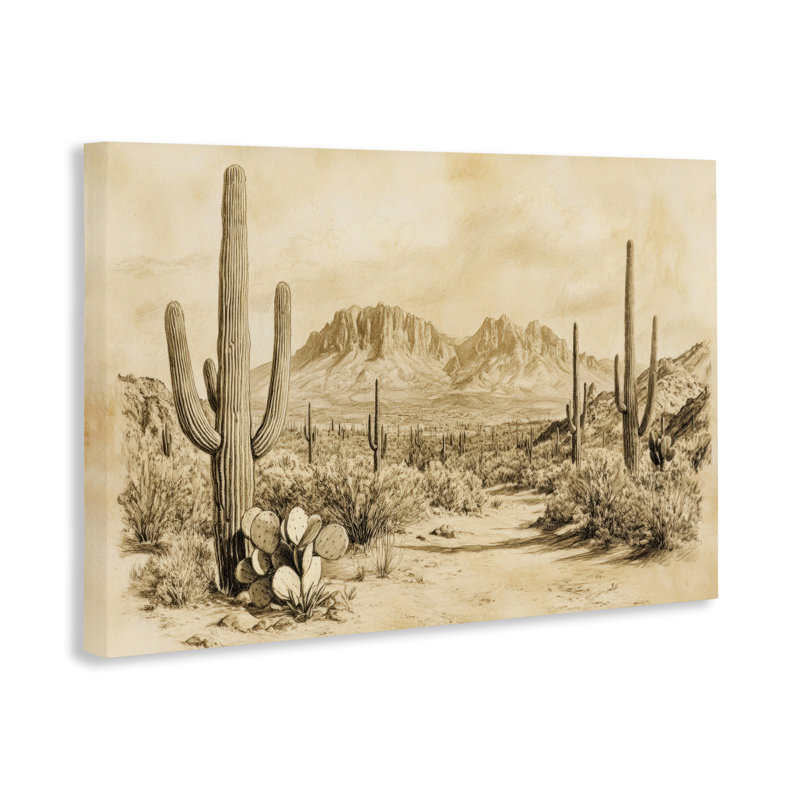 Cactus Road, toile de désert rétro, design par Petal Prints Design, H 20 po x l 30 po