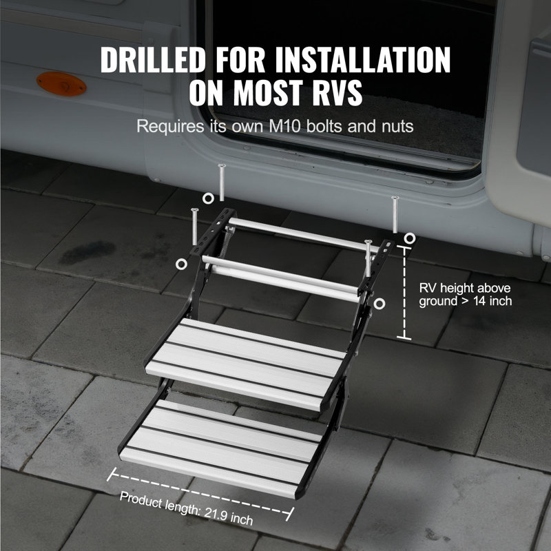 Escalier pour véhicule récréatif, escalier rétractable manuel pour véhicule récréatif en 2 étapes, pliable, capacité de charge de 440 lb, marches en alliage d'aluminium, plaque d'acier épaissie, marches antidérapantes pour entrer et sortir en toute sécurité, véhicule récréatif, remorque, escalier de camping-car