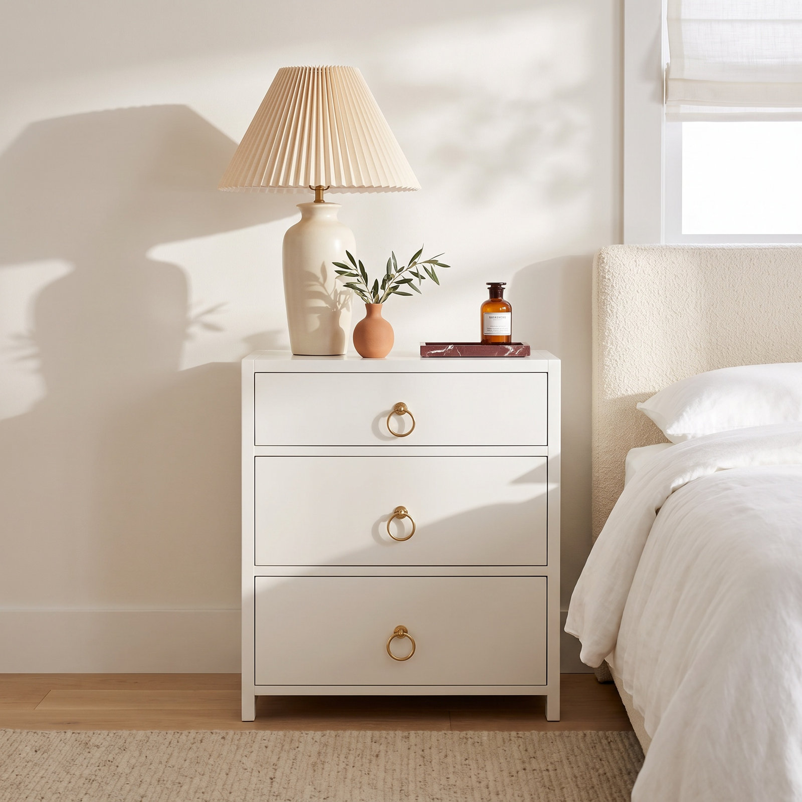 Elin 3-Drawer Acacia Nightstand, White