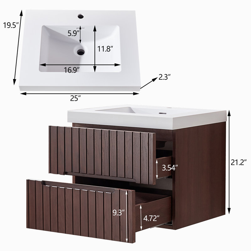 Meuble-lavabo suspendu de 61 cm (24 po) avec lavabo intégré en acrylique, 2 tiroirs et fini noyer foncé, 24"