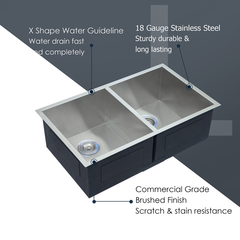 33" L x 19" W Undermount Double Bowl 50/50 Kitchen Sink 16 Gauge Stainless Steel Double Bowl Sink