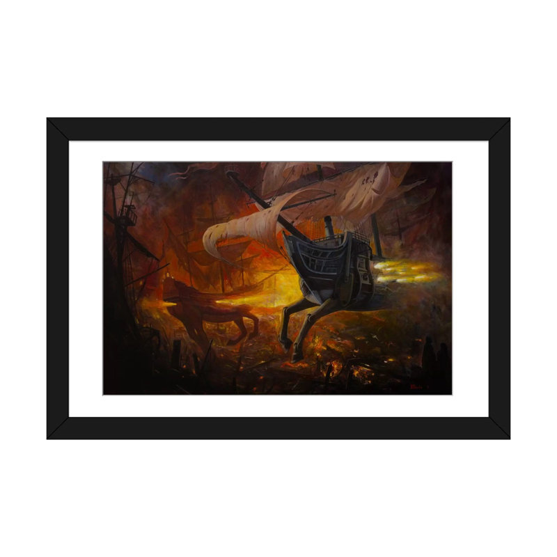 « espagnol galleons on fire », reproduction d’impression sur toile, H 16 po x l 24 po x P 1 po, Papier d'art encadré noir