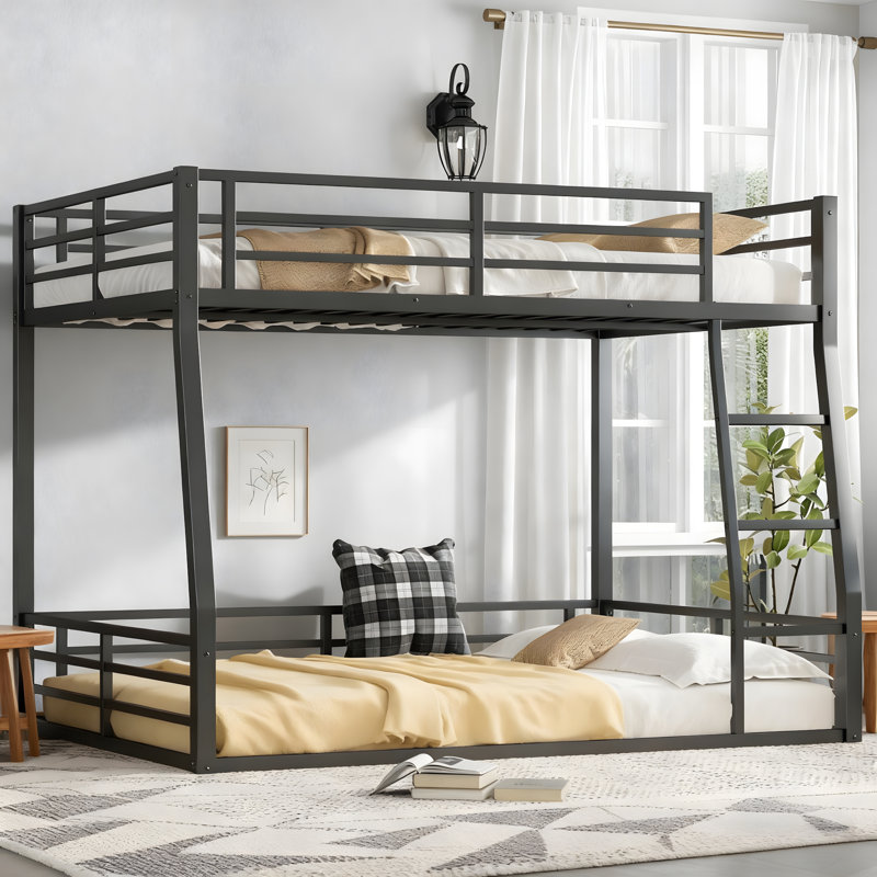 Lit superposé au sol pour enfants et adultes, lit superposé en métal robuste, peu encombrant, structure à bruit réduit, sans sommier tapissier, noir