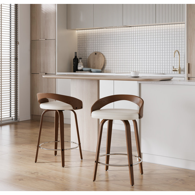 Tabourets de bar et de comptoir à hauteur fixe Laurenzio avec pieds en bois courbé et repose-pieds rond (ensemble de 2)