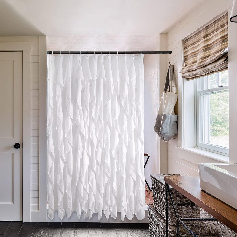 Farmhouse Ruffle Shower Curtain - White Fabric Bathroom Curtain With Waterfall Design, Double Layer For Privacy, Soft Polyester Material, Hand Sewn For Durability