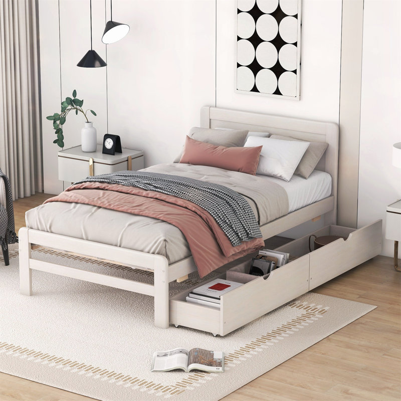 Sophisticated Twin Platform Bed with Drawers for Space Optimization, White Washed