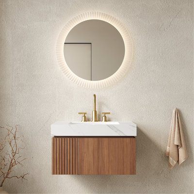 Meuble-lavabo de 30 po, meuble-lavabo flottant en contreplaqué, comptoir en pierre frittée grise, lavabo en céramique avec trop-plein et 3 trous de robinet, meuble-lavabo préinstallé résistant aux égratignures à haute température