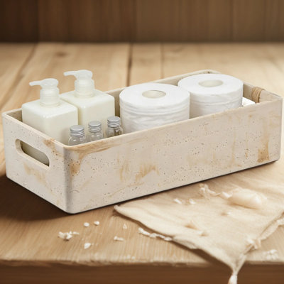 Handmade Travertine-Textured Storage Basket With Handle For Bathroom Countertop And Toilet Tank, Heavy-Duty Resin Organizer Bin For Home Decor