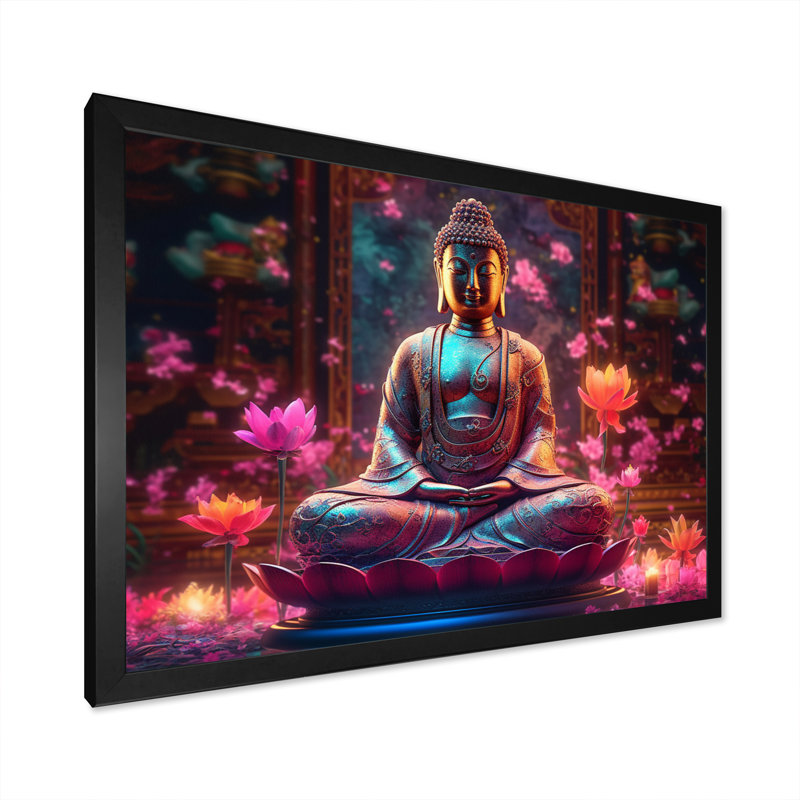 Starlight Buddha I - Décoration murale paysage religieux, H 34 po x l 44 po x P 1,5 po, Cadre noir