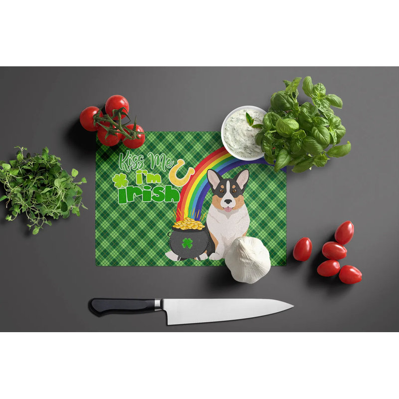 Planche à découper en verre trempé Tricolor Cardigan Corgi St. Patrick's Day - Grande planche à découper décorative pour le service