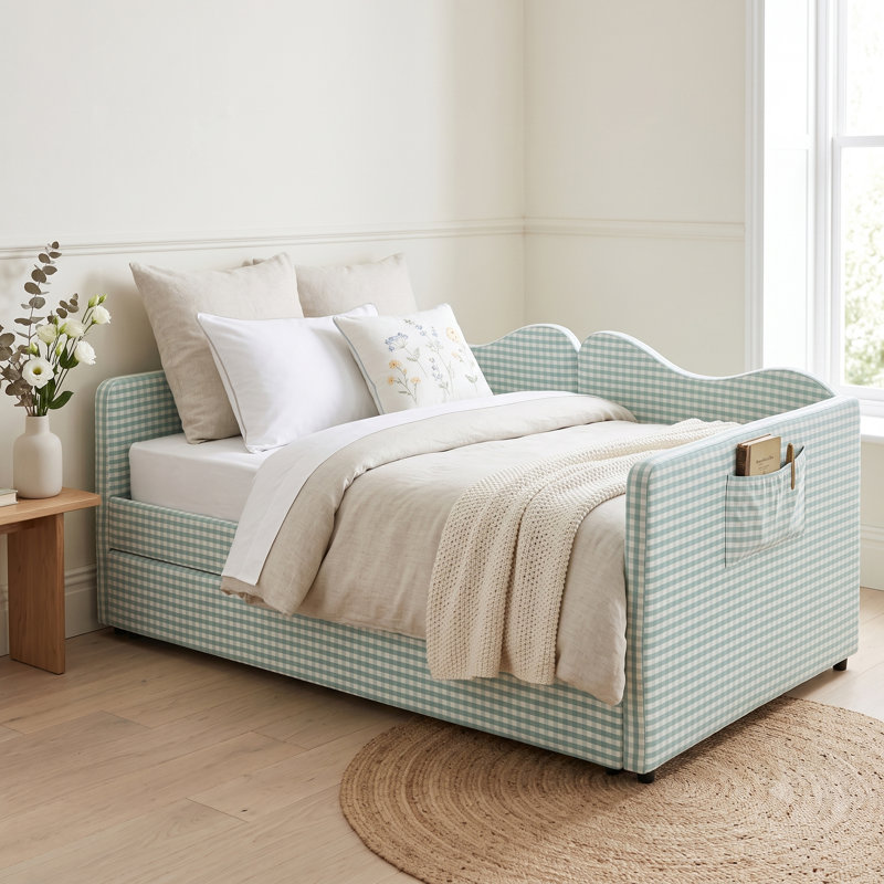 Lit de jour classique rembourré en bois massif avec lit gigogne convertible en bois massif pour chambre d'amis Gingham Classic