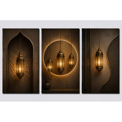 Extra-Large Set of 3 Moroccan Lantern Wall Art Islamic Boho Canvas Print Warm Ambient Living Room Decor 24x36 Inch Canvas Print - Ready to hang