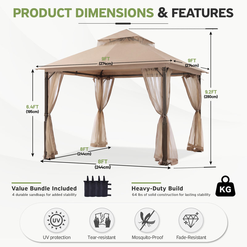 Gazebo de patio à deux niveaux avec murs en filet, 9 pi x 9 pi, Beige