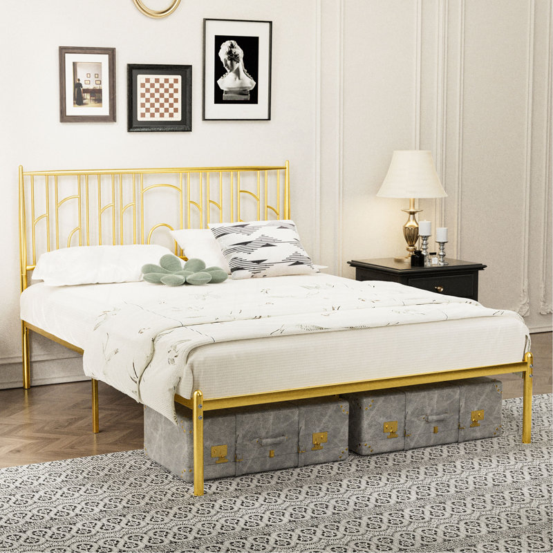 Queen Size Metal Steel Platform Bed Frame Classic Iron-Art Headboard Simple Classic For Home Hotel School Bedroom Furniture