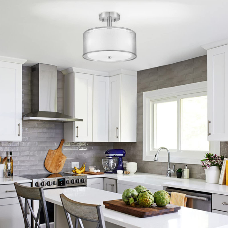 Silver Semi Flush Mount Ceiling Light Fixture, 3-Light Drum Light With Double Fabric Shade, Modern Close To Ceiling Lamp For Living Room, Bedroom, Dining Room, Kitchen, Hallway, Entry, Foyer