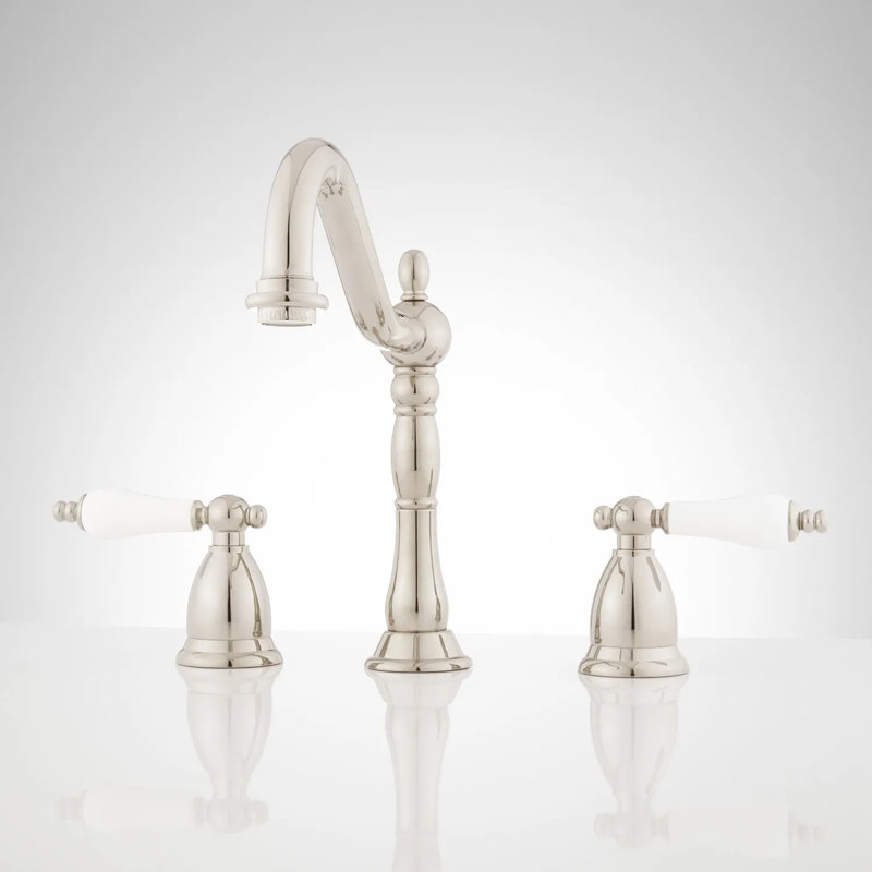 Victorian Widespread Bathroom Faucet with Porcelain Lever Handles, Polished Nickel