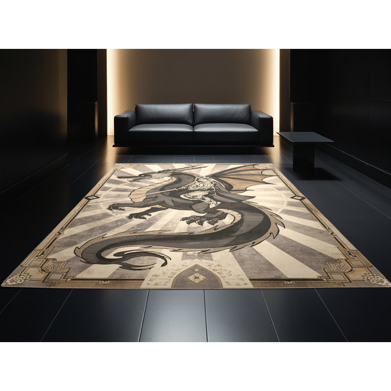 Soft Plush Dunmire Dragon Rider Warrior Posh & Luxe Starburst Area Rug in Beige – Beige Binding, 4x6