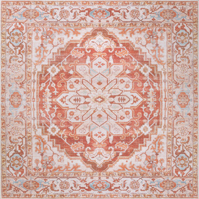 Lesak Ornate Medallion Machine-Washable Orange/Cream Rug