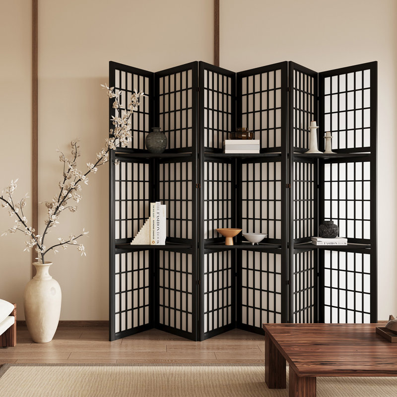 Paravent 6 panneaux de style japonais avec tablettes, noir, 6, Noir