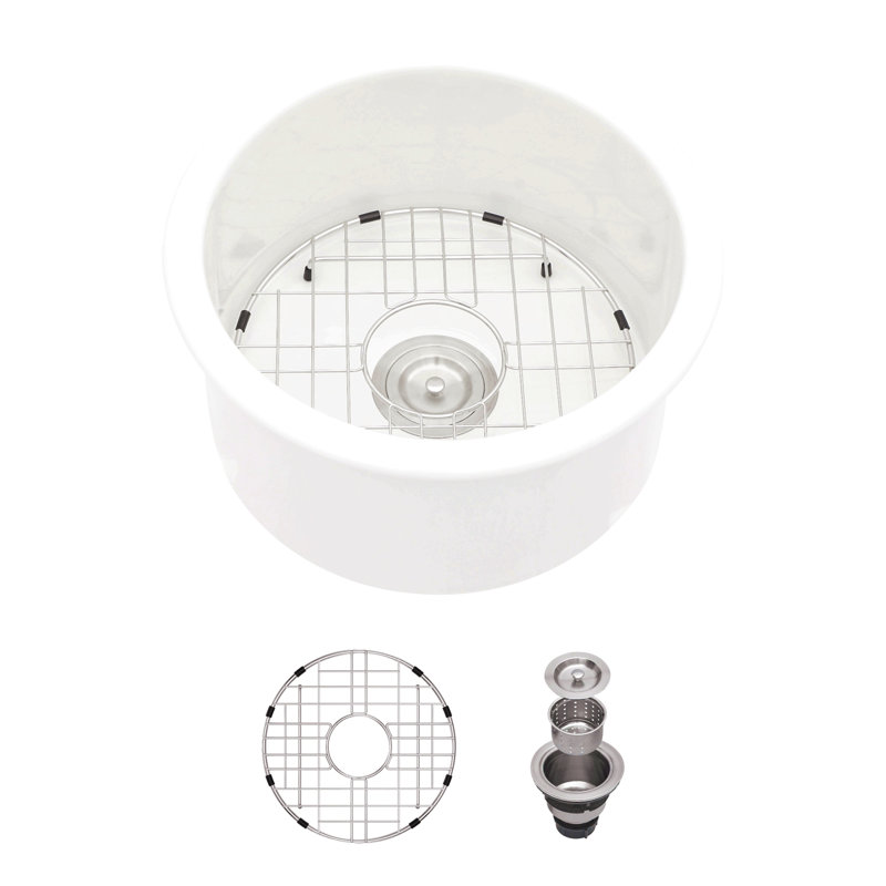 Évier de cuisine circulaire en céramique à simple cuve 18 pouces avec assemblage de drain et grille inférieure