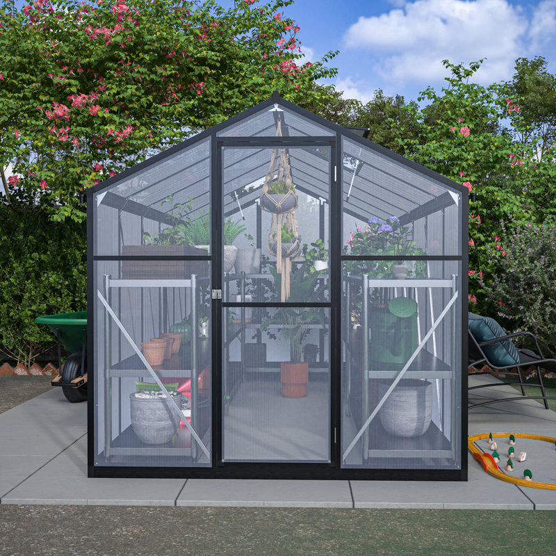 Thicked Polycarbonate Greenhouse, Greenhouse With Double Flush Door, Rain Gutter And Ventilation Window, Green House For Sunroom, Garden, Backyard, Walk-In Large Winter Greenhouse