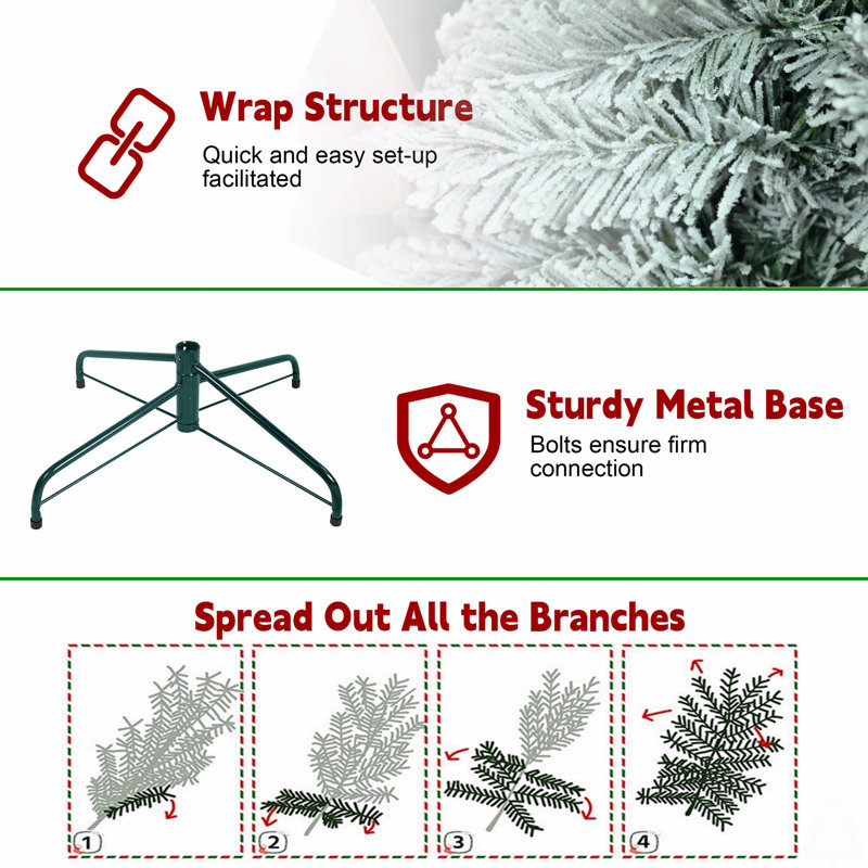 Arbre de Noël enneigé 7 pi - Arbre en PVC mince avec 469 pointes enneigées, conception peu encombrante, effet de neige réaliste, support en métal robuste