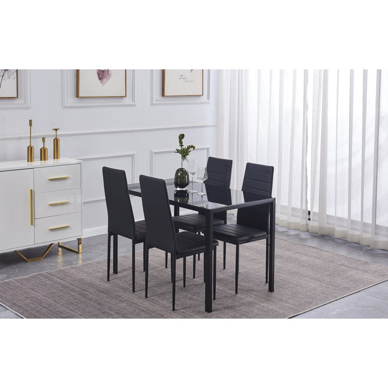 Ensemble de table et chaises de cuisine 5 pièces avec plateau en verre trempé noir et 4 chaises en cuir noir, Noir, Noir