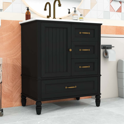 Meuble-lavabo avec comptoir en céramique, 3 tiroirs, mécanisme de fermeture en douceur et armoire de rangement