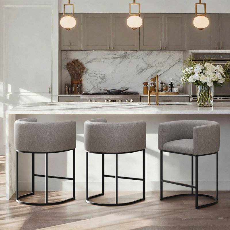 Upholstered Counter Stool with Metal Frame, Gray
