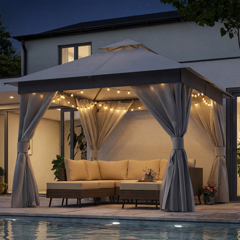 Yardgrace 10'X10' Soft-top Double-Roofed Steel Patio Gazebo, Gray