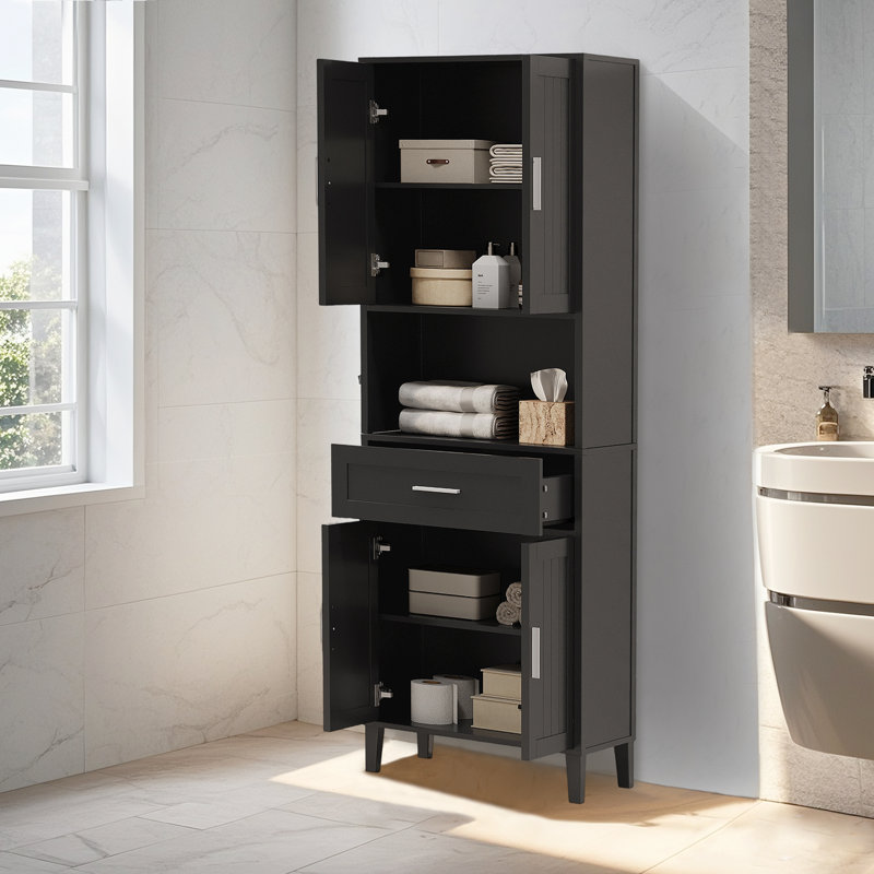 Armoire de salle de bain haute autoportante - Rangement élégant avec 2 armoires, 4 portes à fermeture douce, 2 tablettes réglables et tiroir, organisateur de salle de bain de haute qualité