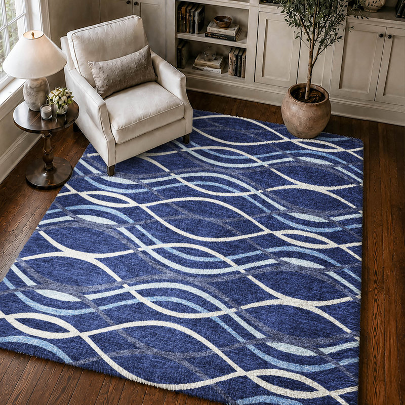 Tapis Dream Shag Waves ADS757, lavable à la machine, de qualité supérieure, Navy, 10' x 14'