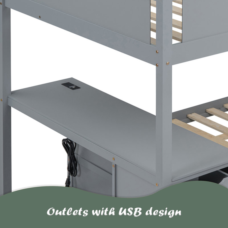 Bunk Bed With Twin Size Trundle, Storage And Desk, Gray, Full over Full