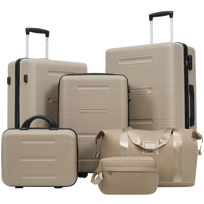 Ensemble de bagage 6 pièces, valise rigide avec double roulettes à poignée verrouillable, étui à cosmétiques 14 po, bagage 20/24/28 po avec sac de voyage et trousse de toilette