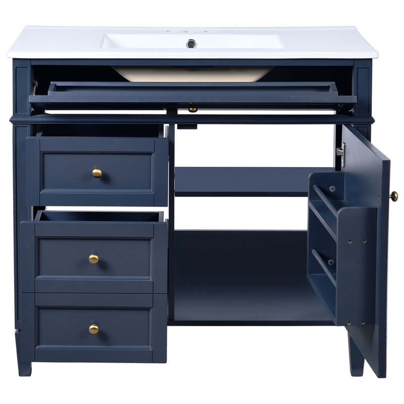 Meuble-lavabo moderne 36 po avec lavabo, armoire bleue 2 tiroirs et espaces de rangement fonctionnels, rangement efficace de style contemporain, attrait