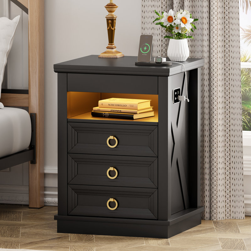3-drawer Nightstand With Hidden Storage, Black