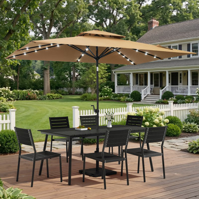 Ensemble de salle à manger en aluminium pour 6 personnes avec chaises empilables, parasol solaire à DEL et base lestée