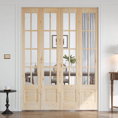 8-Lite Glass And Solid Wood Bi-Fold Door With Installation Hardware Kit
