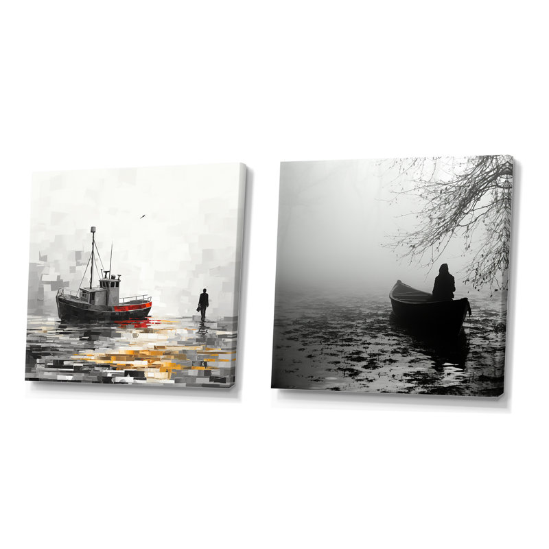 «Grey Lonely Vessel Boating I» - ensemble d'art mural sur toile bord de mer, Toile tendue, H 30 po x l 61 po x P 1 po