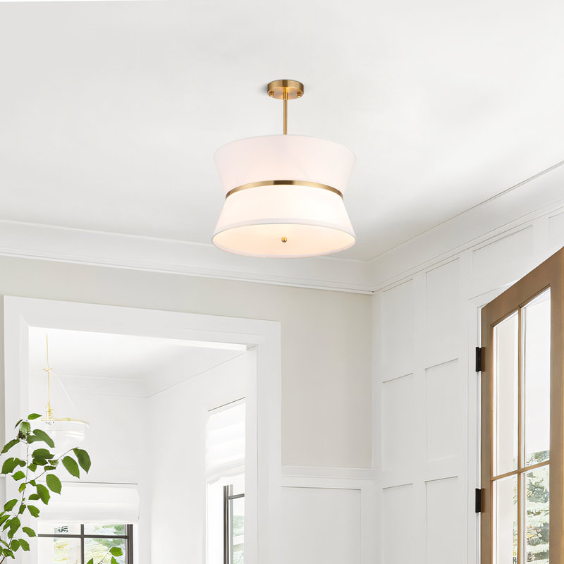 Mini-luminaire suspendu cylindrique en or à 3 lumières de 18 po de largeur avec abat-jour en tissu blanc