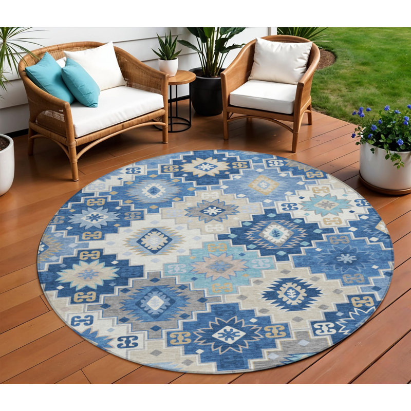 Tapis rond 8 po beige beige et bleu ciel rond