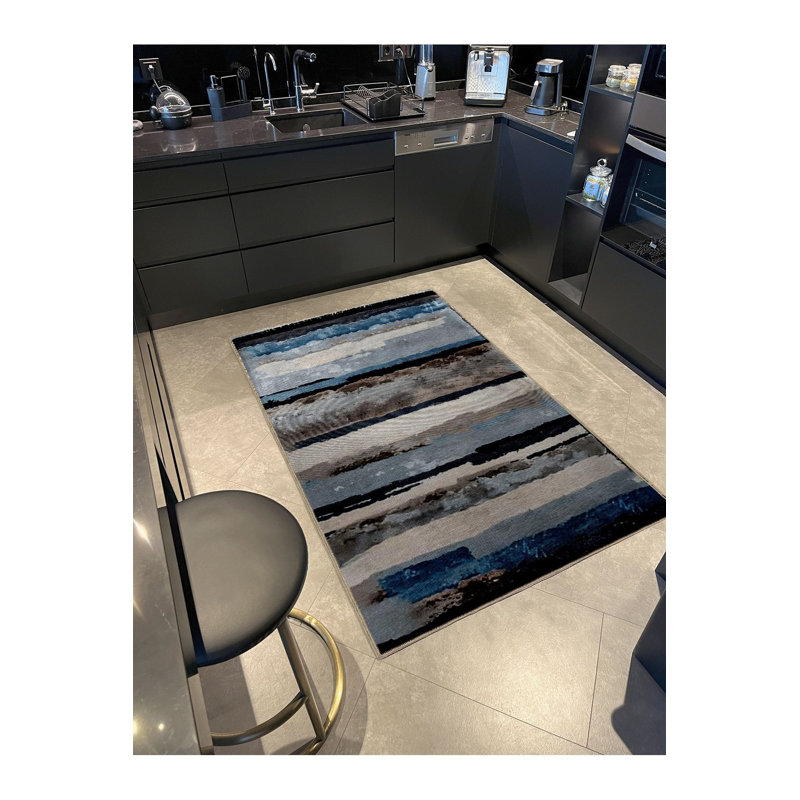 Tapis décoratif moderne à rayures abstraites bleu et gris lavable à la machine