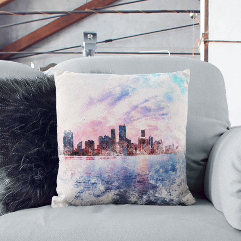 Miami Florida Skyline Watercolour Cushion with Filling, 40cm H x 40cm W x 15cm D, Black